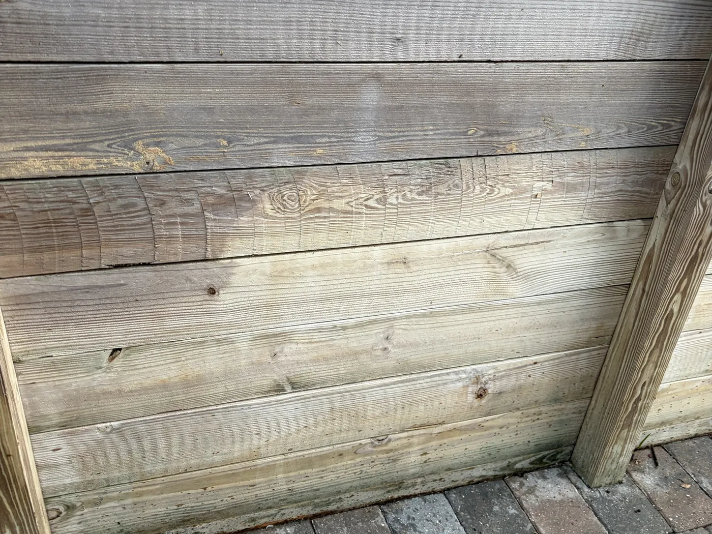 Wood fence cleaning in Lake Nona, Orlando by Waddle Works: weathered gray boards on top, cleaned boards on the bottom