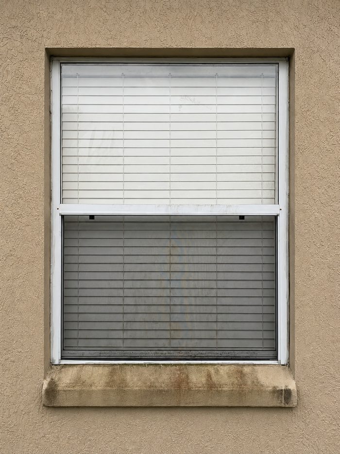 Dirty, streaked window before Waddle Works cleaning